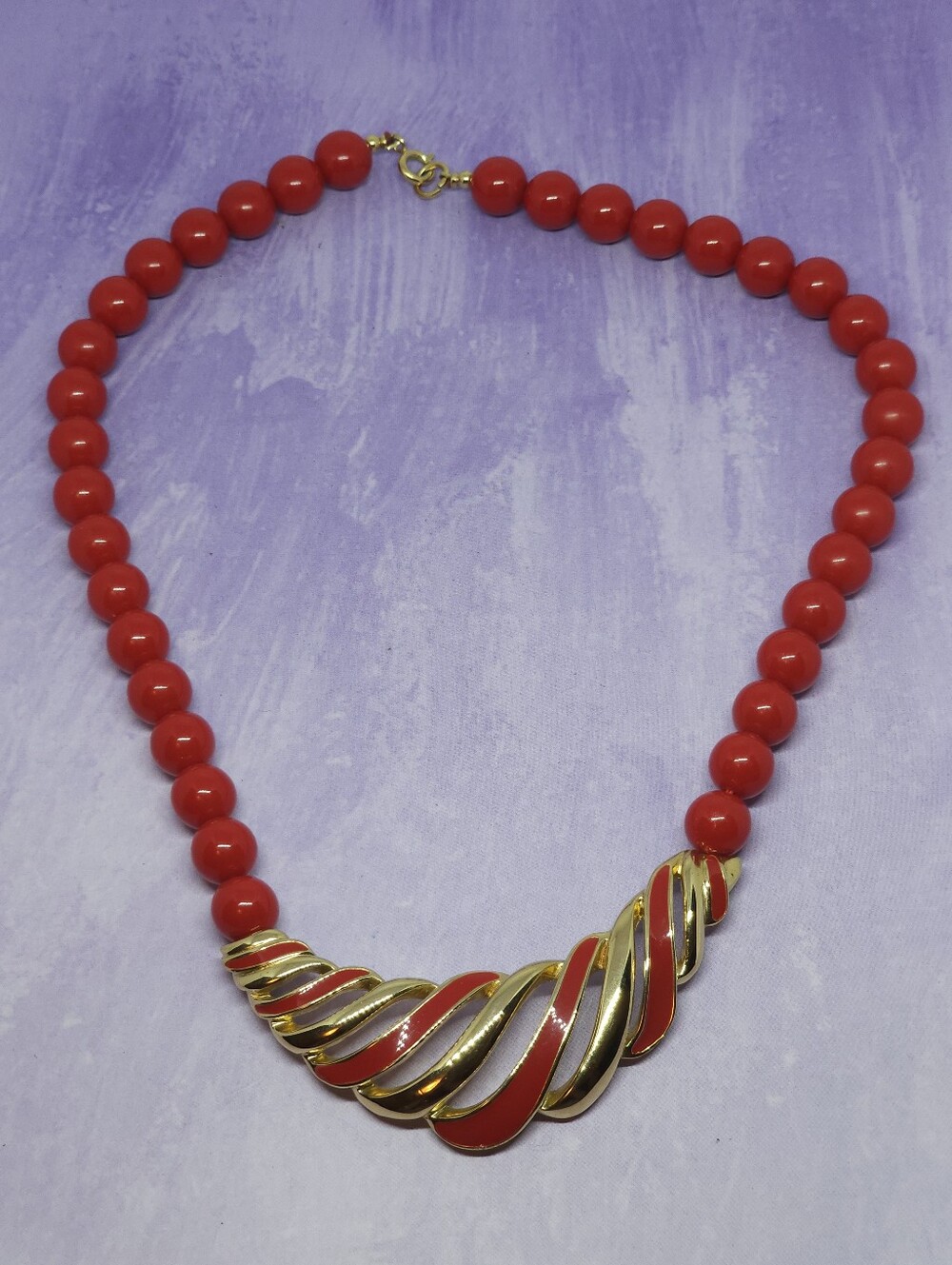 Trifari Red Beaded Necklace with Scroll Design Centerpiece